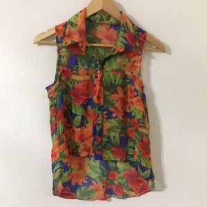 See-Through Button down Floral Top